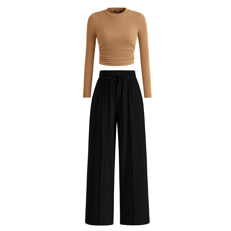 MIRELA™ - Ribbed Knit Long Sleeve Crop Top and Matching Pants Set