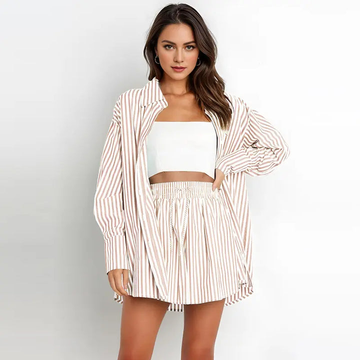 TIFY™ –  Chic Striped Collared Shirt and Wide-Leg Shorts Set