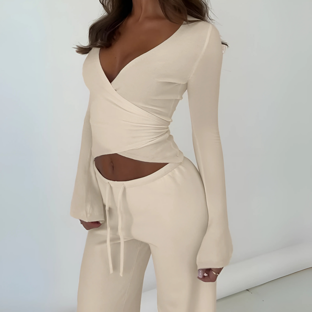 LETISA™ - Chic V-Neck Long Sleeve Top and Pants Set