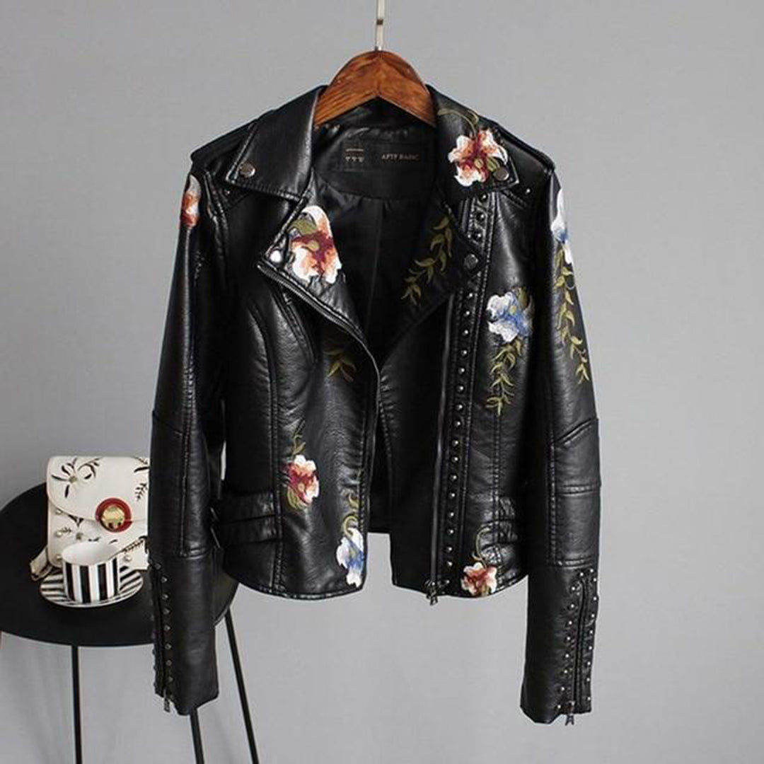 Jocelyn | Women’s Floral Design Zip-up Biker Jacket