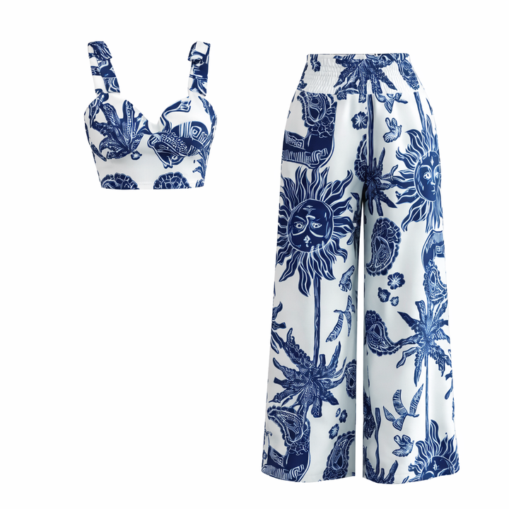 THAWDI™ - Elegant Boho Printed Crop and Wide Leg Pants Set