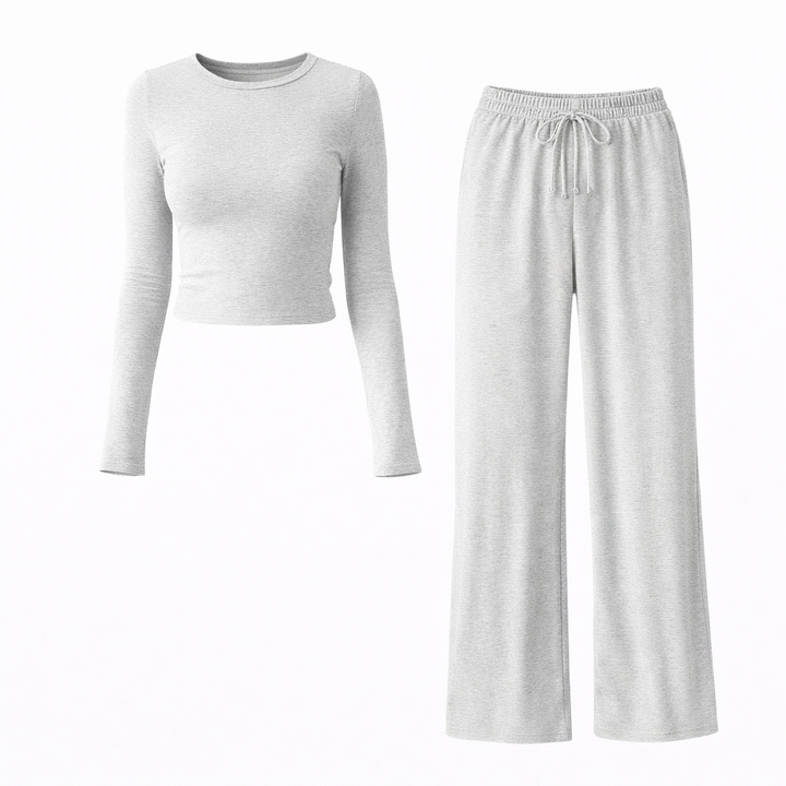 KUTIS™ - Casual Round Neck Crop Top and Drawstring High Waist Pants Set