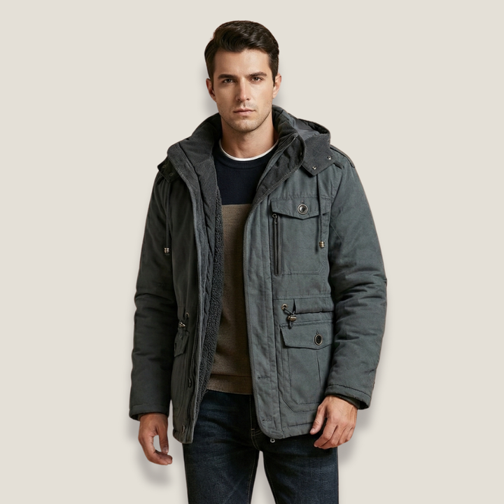 Men’s Hooded Winter Jacket – Insulated Parka Style with Multi-Pocket Design for Cold Weather Wear