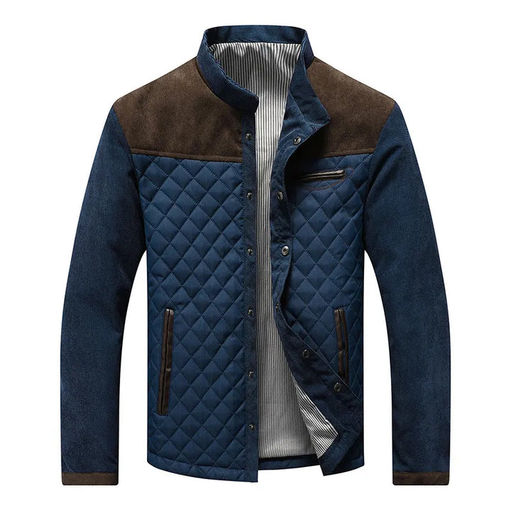 Men’s Quilted Stand Collar Jacket with Contrast Suede Shoulder Panels