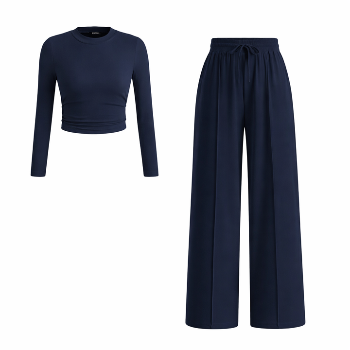 MIRELA™ - Ribbed Knit Long Sleeve Crop Top and Matching Pants Set