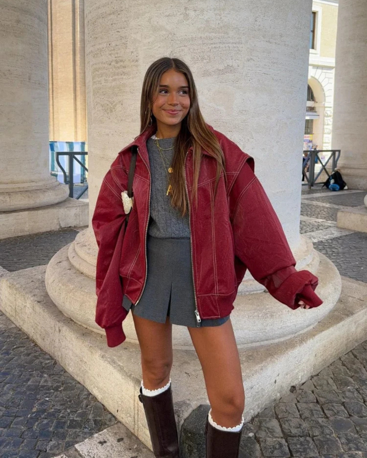 Samantha | Women’s Oversized Leather Bomber Zip Jacket