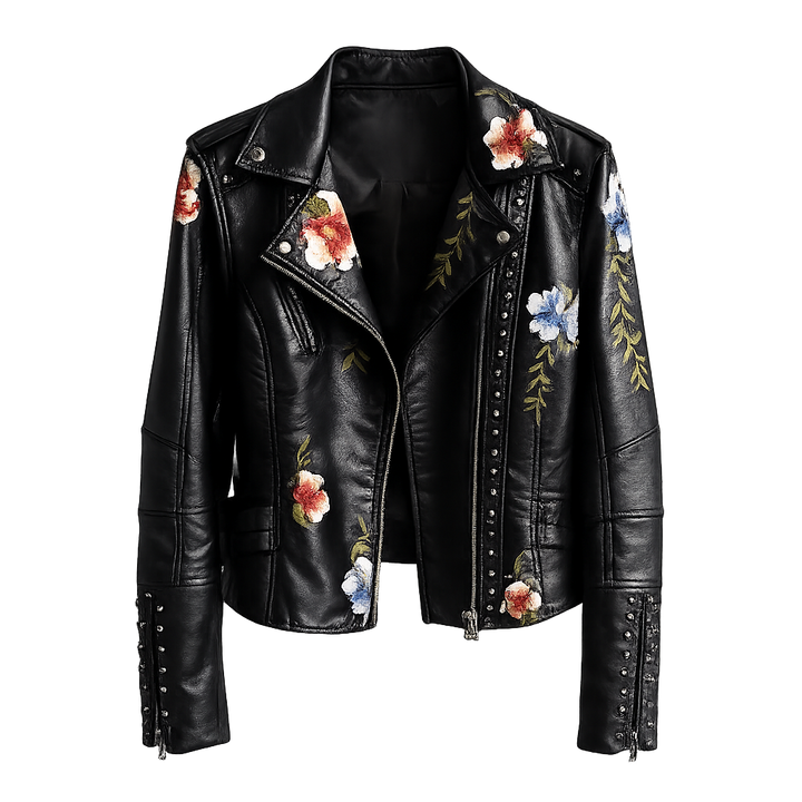 Jocelyn | Women’s Floral Design Zip-up Biker Jacket