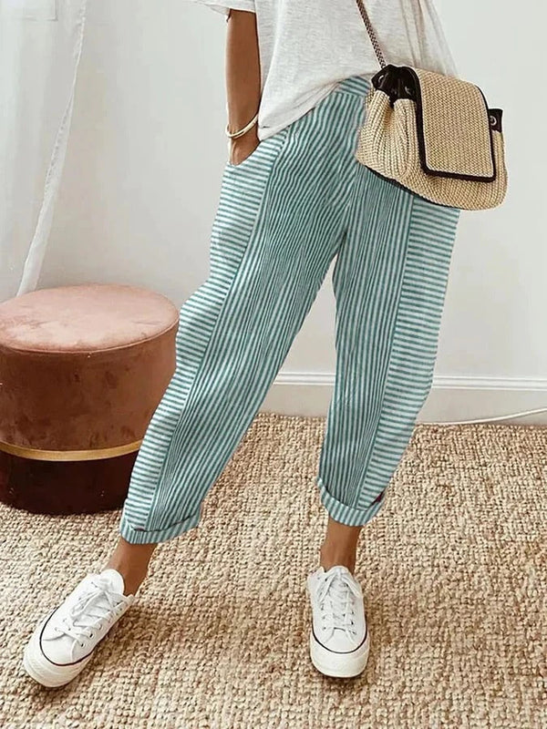 BB | Green Elegant Striped Trousers – Flattering Fit & Luxe Comfort - women